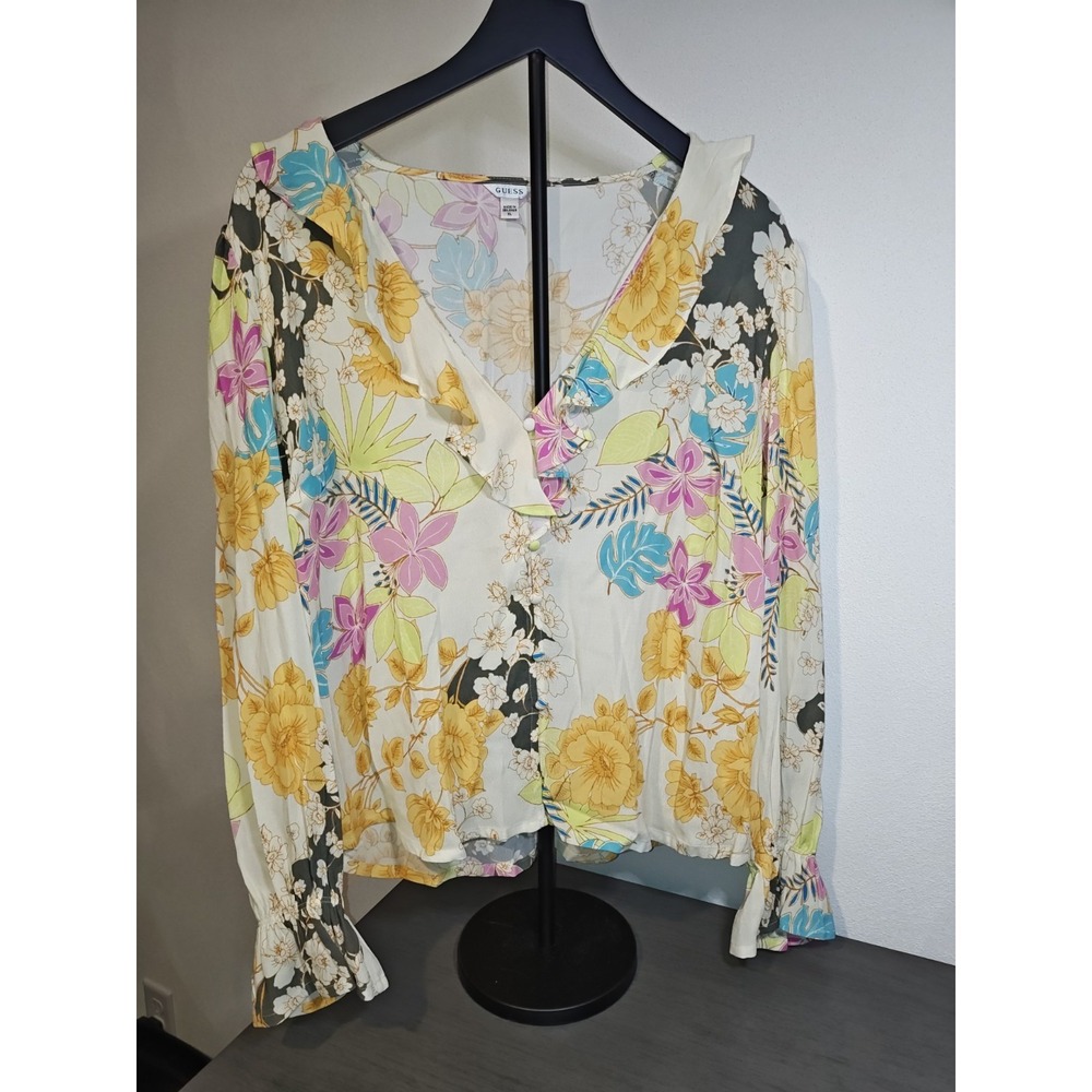 Guess Woman's Blouse, Ruffles On Sleeves & Front Neck Line,Flower Print, XL